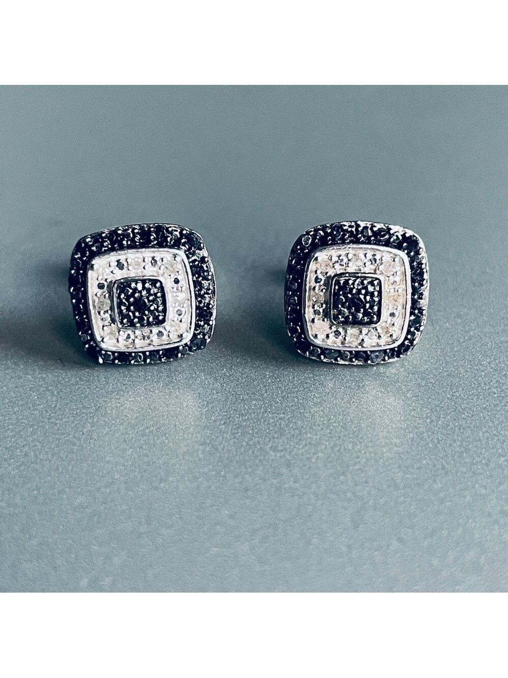 Genuine White Diamond & Black Spinel Sterling Silver Cushion Stud Earrin…